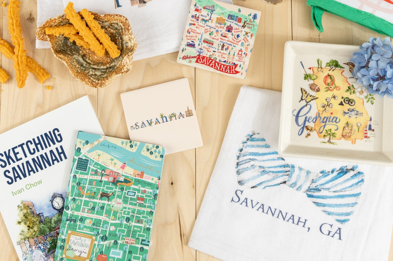 Books, coasters and tea towels about Savannah, Georgia